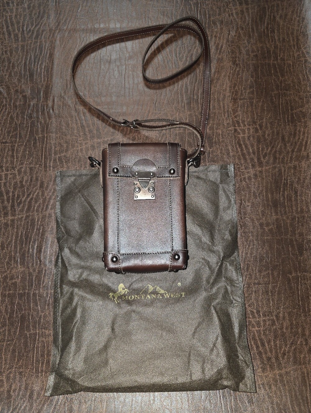 MONTANA WEST Dark Brown Leather Mini Crossbody Phone Pouch with Lock Purse